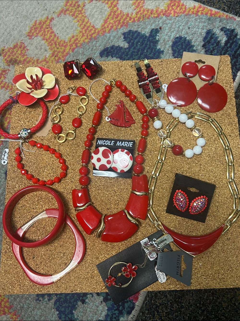 Red Statement Necklace, Earring, Bracelet, Brooches Lot